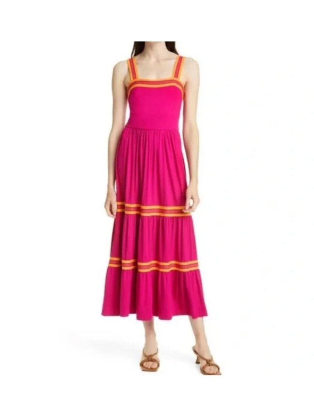 Ted Baker London Norabel Tiered Jersey Vest Dress Midi Bright Pink Stripe Trim X